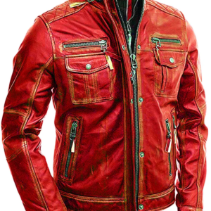 Men Biker Distressed Vintage Red Leather Jacket