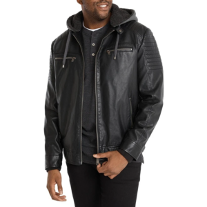 Men’s Black Leather Hoodie Jacket with Zipper Detail