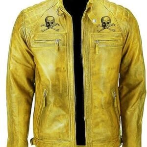 MEN’S DEVIL SKULL VINTAGE BIKER MOTORCYCLE YELOW LEATHER JACKET