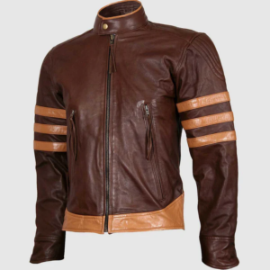Men’s Tan Brown Distressed Leather Jacket with Strips