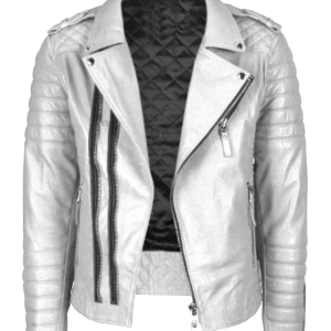 Men’s White Biker Leather Jacket with Black Strips