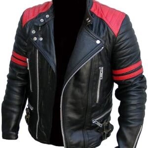 Mens Leather Black Biker Jacket with Red Strips